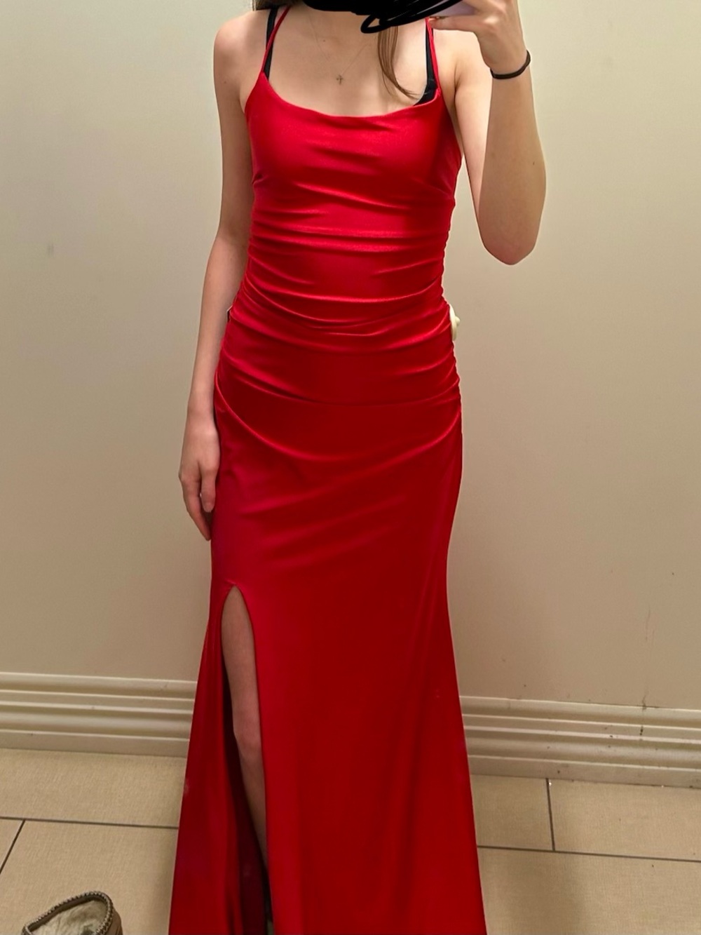 Red Satin Spaghetti-Strap Prom Gown with Thigh Slit
